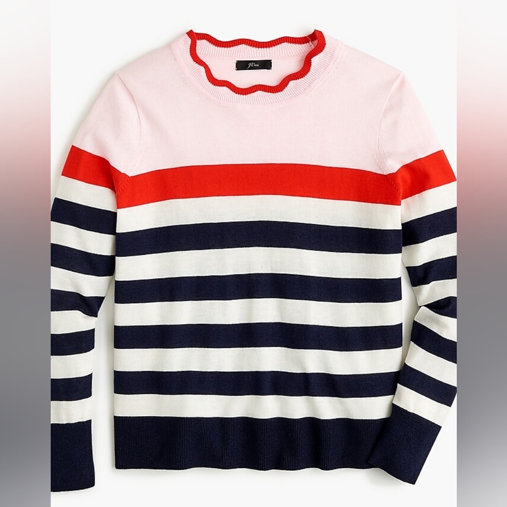 J. Crew Pink and Red Crew Neck Sweater with Nautical Stripes